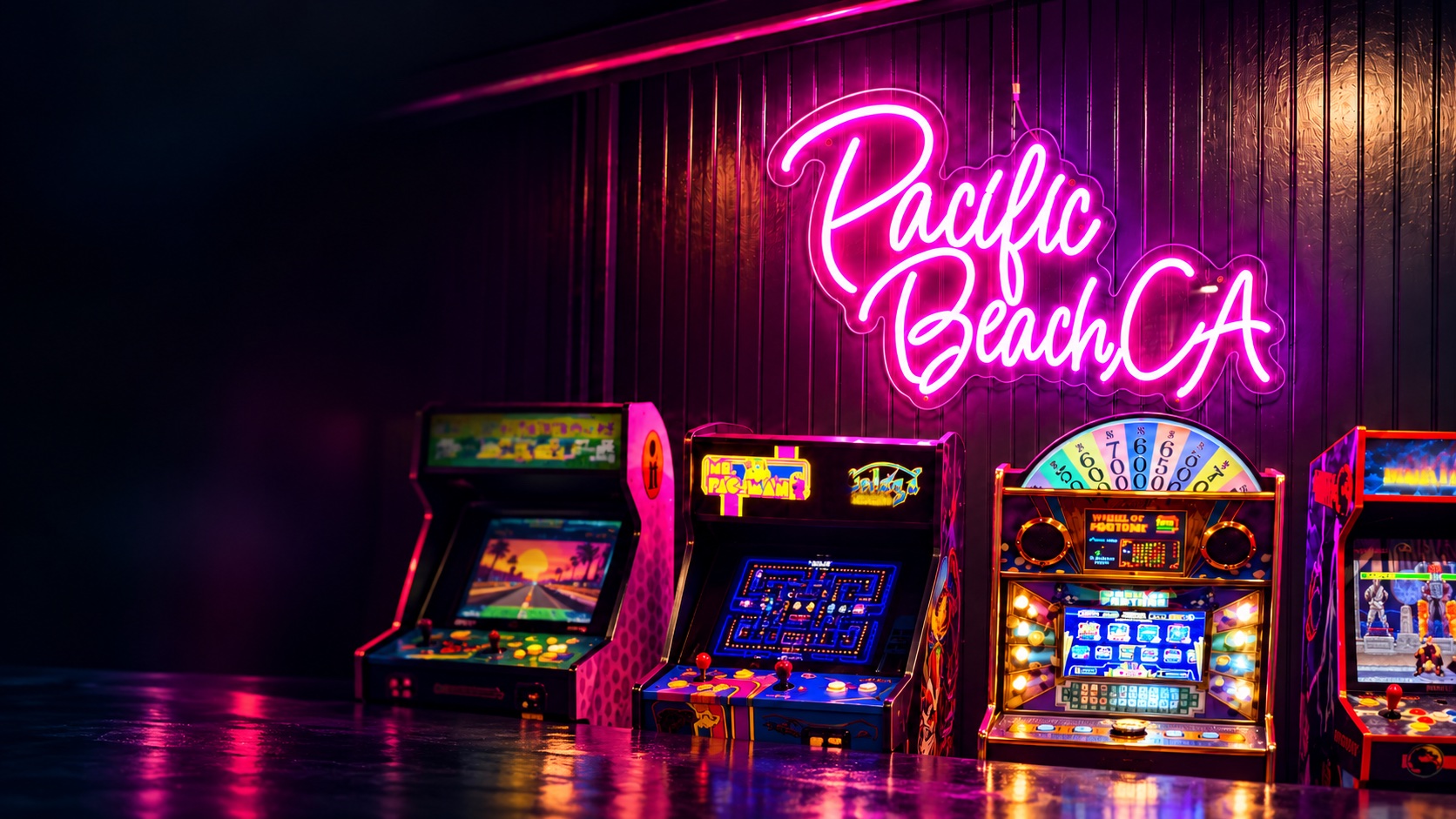 Illustrative Pacific Beach neon arcade concept, with colorful game cabinets